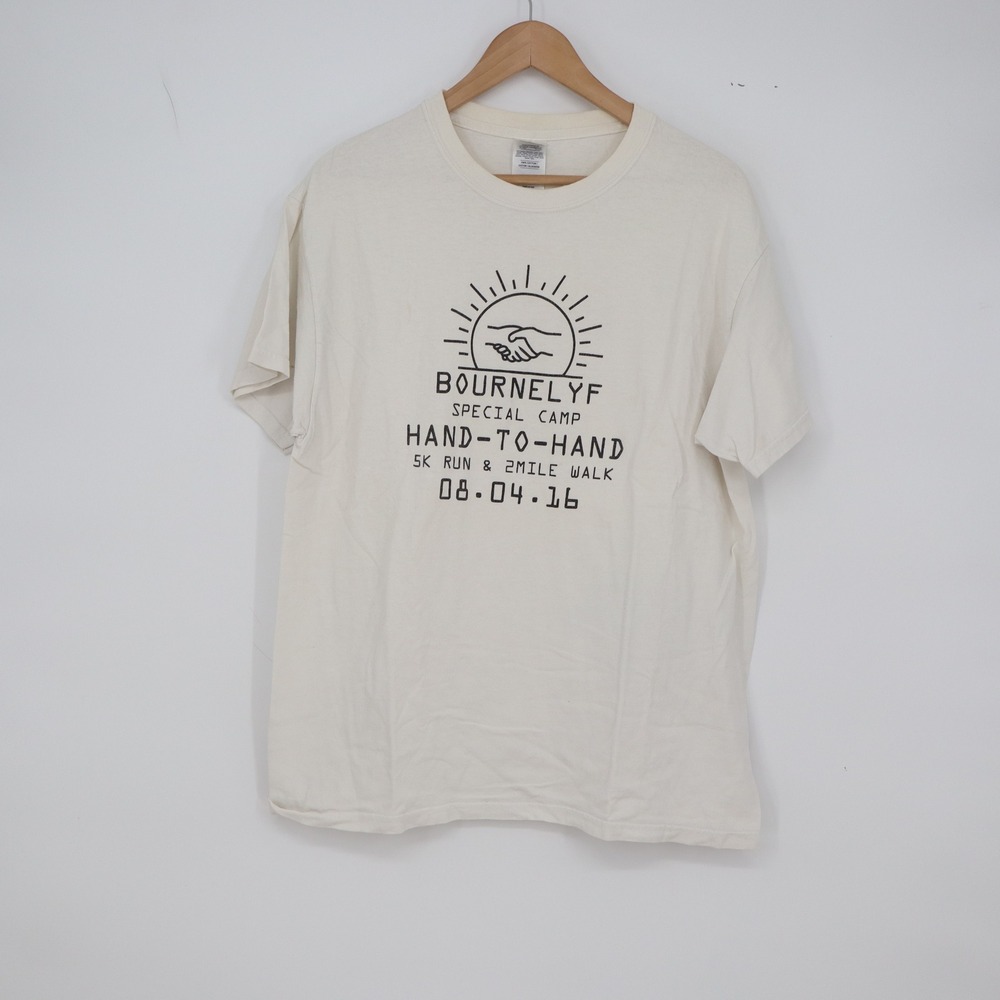 Gildan T-Shirt Mens L Ultra Cotton Off White 2016 5K Run Graphic Excellent